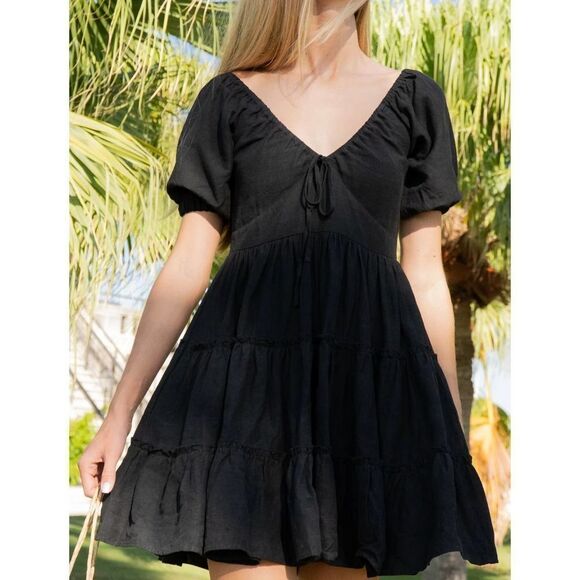 KREWE DU Q SAMOS V-NECK FLOWY LINEN BLEND DRESS IN BLACK XS - Picture 1 of 5
